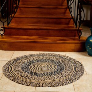 runder Teppich aus Raffia in Handarbeit geflochten, reine Naturfasern, Bast Teppich, 120cm Durchmesser, verschiedene Motive - Beige / Blau