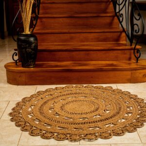 runder Teppich aus Raffia in Handarbeit geflochten, reine Naturfasern, Bast Teppich, 120cm Durchmesser, Natur / Beige / Sandfarben - Variante 2