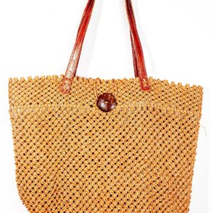 handgehäkelte Sisaltasche mit Markame-Elementen und Lederhenkel - Naturfarben