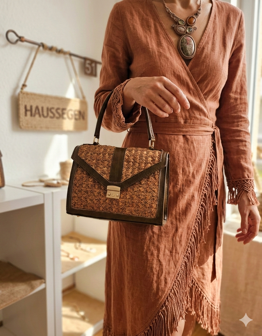 Leder Handtasche mit gehäkelten Raffia-Details