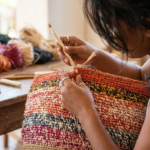 Frau häkelt Raffiakorb